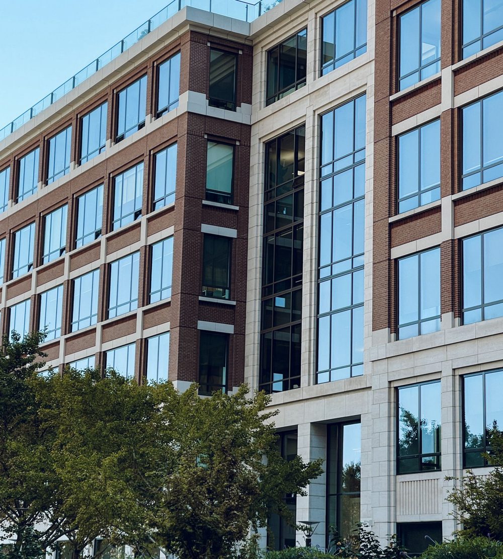 Commercial office building with landscaped grounds